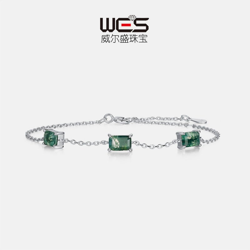 New Natural Aqua Grass Agate Bracelet S925 Silver Set Green Moss Stone Bracelet Simple Light Luxury Niche All-Match - Image 2